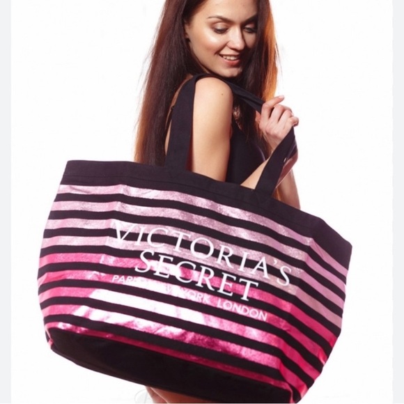 Victoria's Secret Metallic Shimmering Extea Large Pink and Black Tote - Picture 1 of 4